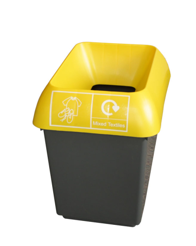 30 Litre Recycling Bin Comp with Yellow Lid & Textiles Logo